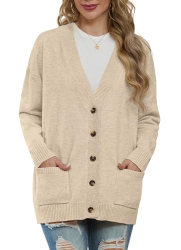 GRECERELLE Strickjacken Für Damen Strick Cardigan V-Ausschnitt Open Front Pullover Elegant Casual Cardigan mit Knöpfen (Aprikose, L) von GRECERELLE