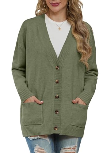 GRECERELLE Strickjacken Für Damen Strick Cardigan V-Ausschnitt Open Front Pullover Elegant Casual Cardigan mit Knöpfen (Armeegrün, XL) von GRECERELLE