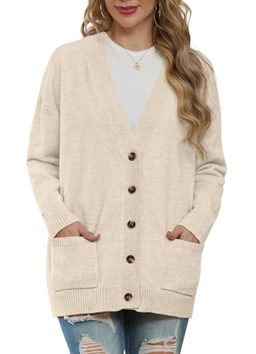 GRECERELLE Strickjacken Für Damen Strick Cardigan V-Ausschnitt Open Front Pullover Elegant Casual Cardigan mit Knöpfen (Beige, L) von GRECERELLE