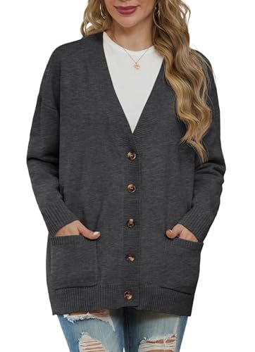 GRECERELLE Strickjacken Für Damen Strick Cardigan V-Ausschnitt Open Front Pullover Elegant Casual Cardigan mit Knöpfen (Dunkelgrau, M) von GRECERELLE