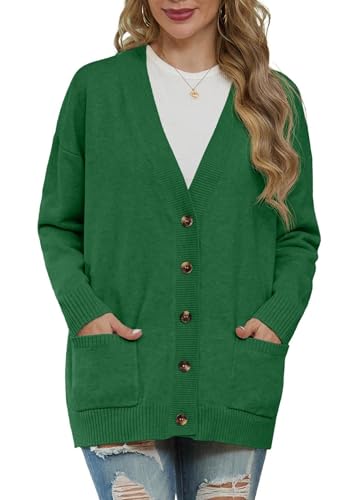 GRECERELLE Strickjacken Für Damen Strick Cardigan V-Ausschnitt Open Front Pullover Elegant Casual Cardigan mit Knöpfen (Dunkelgrün, XL) von GRECERELLE