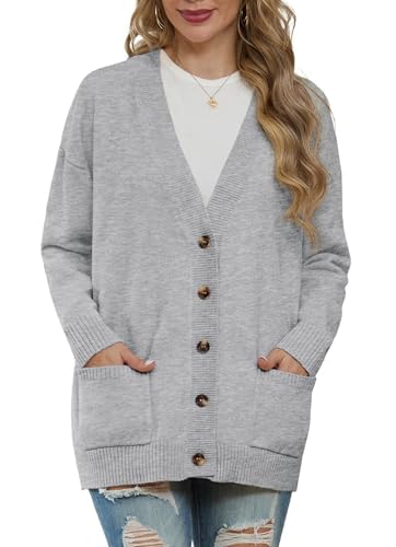 GRECERELLE Strickjacken Für Damen Strick Cardigan V-Ausschnitt Open Front Pullover Elegant Casual Cardigan mit Knöpfen (Hell Grau, L) von GRECERELLE