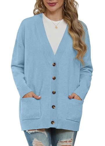 GRECERELLE Strickjacken Für Damen Strick Cardigan V-Ausschnitt Open Front Pullover Elegant Casual Cardigan mit Knöpfen (Hellblau, XXL) von GRECERELLE