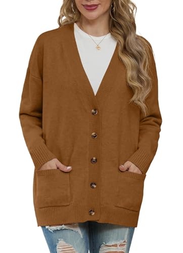 GRECERELLE Strickjacken Für Damen Strick Cardigan V-Ausschnitt Open Front Pullover Elegant Casual Cardigan mit Knöpfen (Karamell, XXL) von GRECERELLE