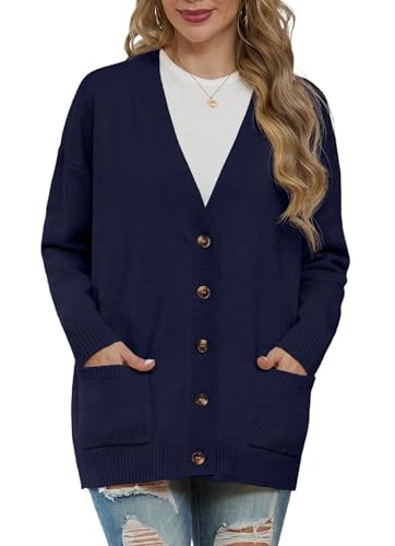 GRECERELLE Strickjacken Für Damen Strick Cardigan V-Ausschnitt Open Front Pullover Elegant Casual Cardigan mit Knöpfen (Marineblau, XL) von GRECERELLE
