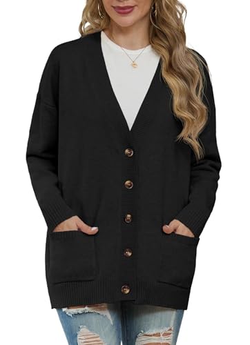 GRECERELLE Strickjacken Für Damen Strick Cardigan V-Ausschnitt Open Front Pullover Elegant Casual Cardigan mit Knöpfen (Schwarz, XXL) von GRECERELLE