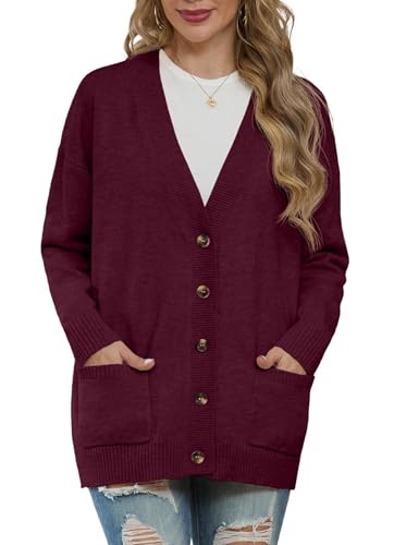 GRECERELLE Strickjacken Für Damen Strick Cardigan V-Ausschnitt Open Front Pullover Elegant Casual Cardigan mit Knöpfen (Weinrot, M) von GRECERELLE