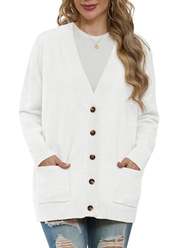 GRECERELLE Strickjacken Für Damen Strick Cardigan V-Ausschnitt Open Front Pullover Elegant Casual Cardigan mit Knöpfen (Weiß, XL) von GRECERELLE