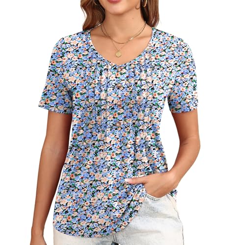 GRECERELLE T-Shirt Damen Somme Tops Damen Kurzarm T-Shirt Elegant Button Casual Basic plissiert Blumen Bluse Shirts (Orange-Blaue Blume, S) von GRECERELLE