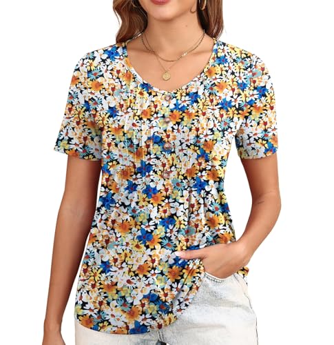GRECERELLE T-Shirt Damen Somme Tops Damen Kurzarm T-Shirt Elegant Button Casual Basic plissiert Blumen Bluse Shirts (Schwarz Farbe Klein, M) von GRECERELLE