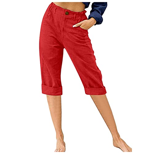 GRECERELLE Women's Summer Solid Color Linen Blend 7/8 Capri Pants - Comfortable, Stretchy, and Versatile Design (Rot, XXL) von GRECERELLE