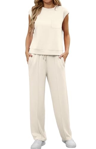 GRECERELLE Zweiteiler Damen Elegant Freizeitanzug Damen Outfit Kurzarm Jogger Trainingsanzug Set Sweatshirt & Jogginghose (Aprikose, S) von GRECERELLE