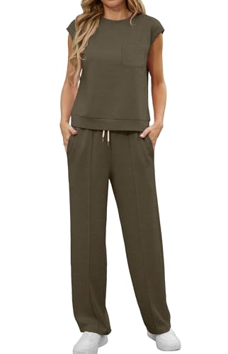 GRECERELLE Zweiteiler Trainingsanzug Damen Sommer Outfits Tracksuit Kurzarm Lässige Crew Neck Cap Sleeve Tops und Jogginghosen Trainingsanzüge mit Taschen (Armeegrün, S) von GRECERELLE