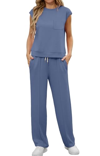 GRECERELLE Zweiteiler Trainingsanzug Damen Sommer Outfits Tracksuit Kurzarm Lässige Crew Neck Cap Sleeve Tops und Jogginghosen Trainingsanzüge mit Taschen (Haze blau, M) von GRECERELLE