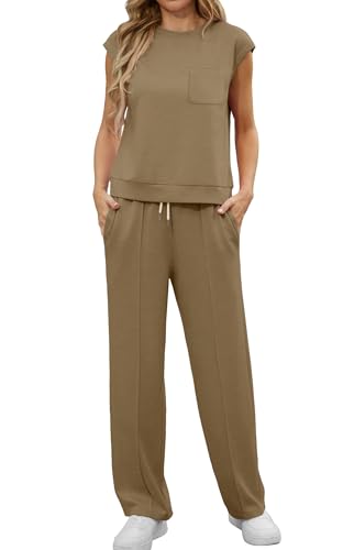 GRECERELLE Zweiteiler Trainingsanzug Damen Sommer Outfits Tracksuit Kurzarm Lässige Crew Neck Cap Sleeve Tops und Jogginghosen Trainingsanzüge mit Taschen (Khaki, M) von GRECERELLE