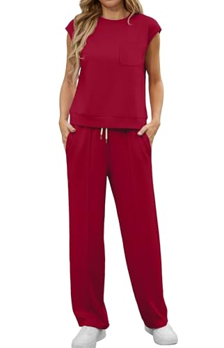 GRECERELLE Zweiteiler Trainingsanzug Damen Sommer Outfits Tracksuit Kurzarm Lässige Crew Neck Cap Sleeve Tops und Jogginghosen Trainingsanzüge mit Taschen (Weinrot, XXL) von GRECERELLE