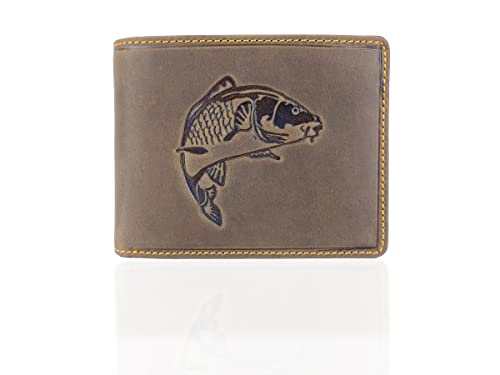 GREEN DEED Echtleder Herren Geldbörse – Groß Portmonee aus Leder – Portemonnaie mit Münzfach – Tri-Fold Geldbeutel Männer - RFID Schutz - Vintage Braun - Angler Fische Karpfen - 12 x 9 x 3 cm von GREEN DEED