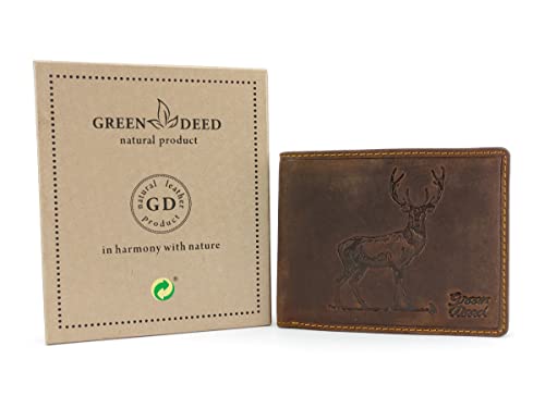 GREEN DEED Echtleder Herren Geldbörse – Groß Portmonee aus Leder – Portemonnaie mit Münzfach – Tri-Fold Geldbeutel Männer - Vintage Braun - Jäger Rothirsch Hirsch - 12 x 9 x 3 cm von GREEN DEED