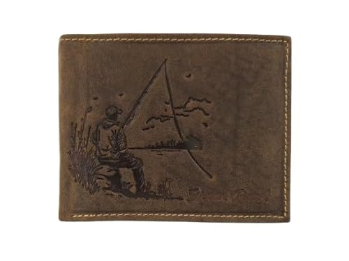 GREEN DEED - Geldbörse Herren - Portmonee aus Leder, Braun - Motiv Angler - 12 x 9 x 3 cm - mit Kreditkartenfächern, Mesh-Fach - RFID-Schutz - Geschenkidee - Geldbeutel für Fischer von GREEN DEED