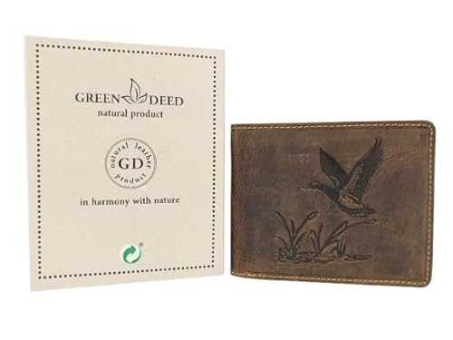 GREEN DEED - Geldbörse Herren - Portmonee aus Leder, Braun - Motiv Ente - 12 x 9 x 3 cm - mit Kreditkartenfächern, Mesh-Fach - RFID-Schutz - Geschenkidee - Geldbeutel für Jäger von GREEN DEED