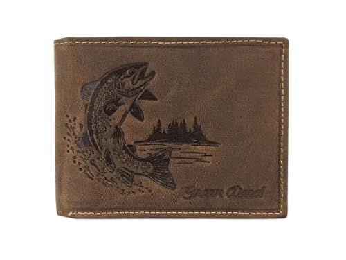 GREEN DEED - Geldbörse Herren - Portmonee aus Leder, Braun - Motiv Forelle im Wasser - 12 x 9 x 3 cm - mit Kreditkartenfächern, Mesh-Fach - RFID-Schutz - Geschenkidee - Geldbeutel für Fischer von GREEN DEED
