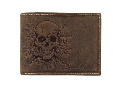 GREEN DEED - Geldbörse Herren - Portmonee aus Leder, Braun - Motiv Totenkopf - 12 x 9 x 3 cm - mit Kreditkartenfächern, Mesh-Fach - RFID-Schutz - Geschenkidee - Geldbeutel für Jäger von GREEN DEED