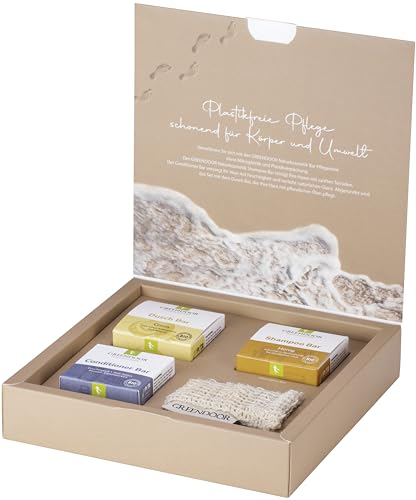 GREENDOOR Geschenk Set Solid Bar HARMONY, Naturkosmetik Shampoo Bar + Dusch Bar + Conditioner Bar + Natur Sisal Säckchen, natürlich plastikfrei, Geschenke für Damen von GREENDOOR