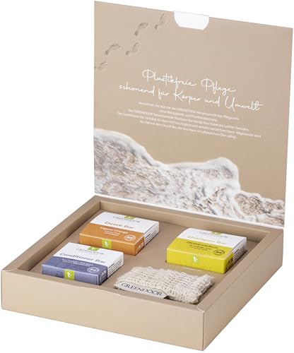 GREENDOOR natürliches nachhaltiges Geschenk Set Solid Bar VITAL, Naturkosmetik Shampoo + Dusch Bar + Conditioner + Natur Sisal Säckchen, plastikfrei, Geschenke für Damen/Herren von GREENDOOR
