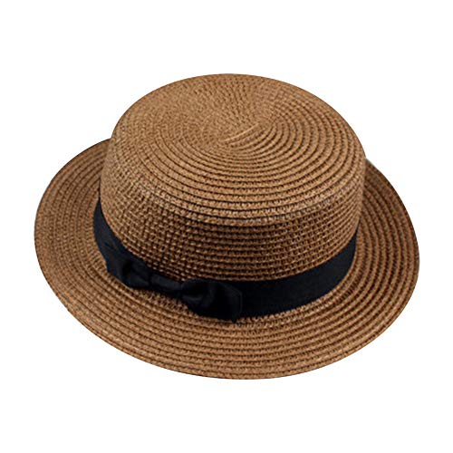 GREENLANS-1 Sommerhut für Reisen, Strand, Sonnenhut, Strohhut für Damen, Sommer-Bootfahrer, Schleife, einfarbig, rund, flach, Strohhut – Schwarz Gr. Einheitsgröße, dark coffee von GREENLANS-1