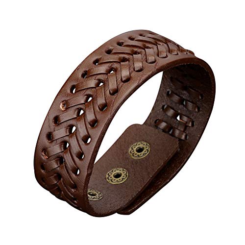 Schmuck-Armreif, Charm-Armband für Damen, Vintage, Herren, Kunstleder, breit, geflochten, Manschette, Knopf, Armreif – Schwarz, 23,5 cm, Leder Kunststoff Keramik Metalllegierung Stoff Leder Aus von GREENLANS-1