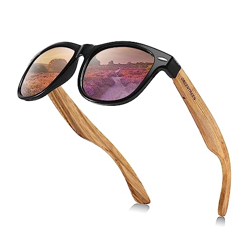 GREENTREEN Holz Sonnenbrillen für Herren Damen, Polarisierte Sonnenbrille mit Holzbügeln/UV400-Schutz von GREENTREEN
