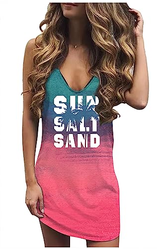 Sexy Sommerkleid für Frauen Sonne Salz Sand Grafik Minikleid Hawaii Strand Urlaub Kleider Sommer Sexy V-Ausschnitt Sommerkleid, Farbverlauf 1, Klein von GREFLYING