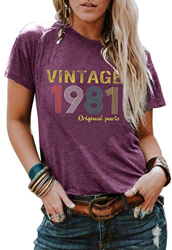 Vintage 1981 T-Shirt Frauen Original Teile Brief Tees 40. Geburtstag Shirts für Geschenk Niedlich Geburtstag Party Shirt Tops - Violett - XX-Large von GREFLYING