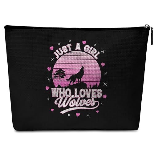 GREOXG Schwarze Make-up-Tasche, Weiss/opulenter Garten, Just a Girl Who Loves Wolves von GREOXG