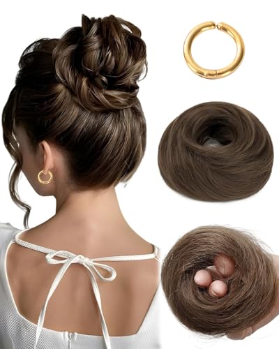 GRETY Haarteil Mit Gummiband Dutt Haarteil Haargummi Mit Haaren Synthetisch Haarverlängerung Haardutt Messy Bun für Damen Mädchen(Hellbraun, 20g, Ein goldener Ohrclip) von GRETY