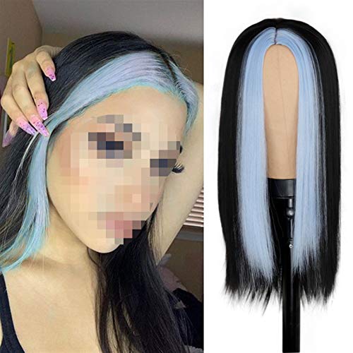 Damen Perücken Modische lange schwarze glatte Haarperücke, die grünes Haar hervorhebt, synthetische Perücke for Mädchen mit Cosplay-Perücke Beauty Ladieshair (Color : E, Size : 24inches) von GRFIT