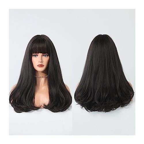 Damen Perücken Perücke mit Pony for Frauen, Kunsthaar, gewellte Perücken, 45,7 cm, Perücke for tägliches Cosplay und Party Beauty Ladieshair (Color : Schwarz) von GRFIT