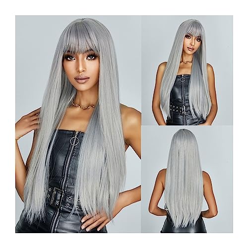 Haarteile 65 cm/26 Zoll lange gerade synthetische Perücke mit Pony, gemischt graublond, Cosplay-Lolita-Perücke for Frauen, Party, Hochtemperatur-Faserhaar Perücken (Color : Wig-WL1085-7) von GRFIT