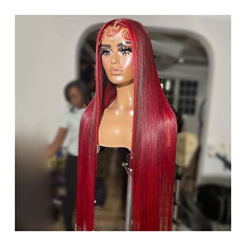 Perücke Ombre Red Lace Front Perücke Gerade 13 x 4 Transparente Lace Front Perücken Brasilianisches Echthaar 22 24 26 Lange Gerade Lace Frontal Perücken Vorgezupft Perücken für Frauen (Color : Ombre von GRFIT