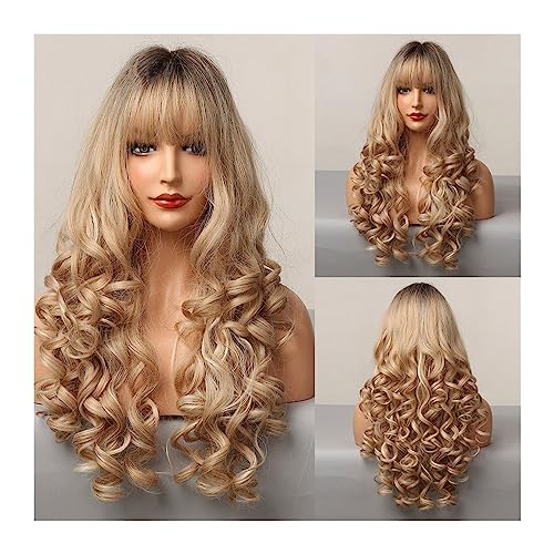 Perücke für Frauen 25 Zoll Ombre Braun Champagner Blonde Highlight Lange Lose Welle Kunsthaar Perücken mit Bang Hitzebeständiges Kunsthaar for Frauen Human Hair Wig von GRFIT