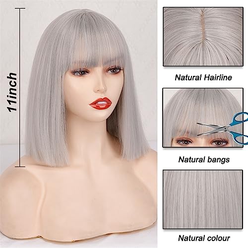 Perücke für Frauen Kurzer synthetischer silbergrauer Bob mit Pony, kurze gerade Bob-Perücken for Frauen, Cosplay, tägliche Party, rot-schwarzrosa Perücke Human Hair Wig von GRFIT