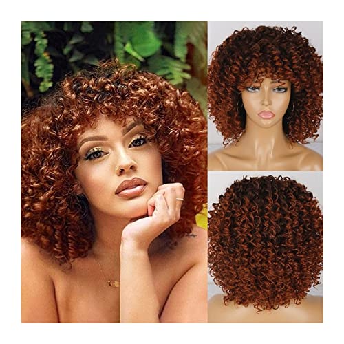 Perücken Afro Bomb Curly Perücken for schwarze Frauen, kurze Afro Kinky Curly Perücke mit Pony, 30,5 cm, synthetische, hitzebeständige, voll gelockte Perücke Haarteile (Color : 007, Size : 12inches von GRFIT