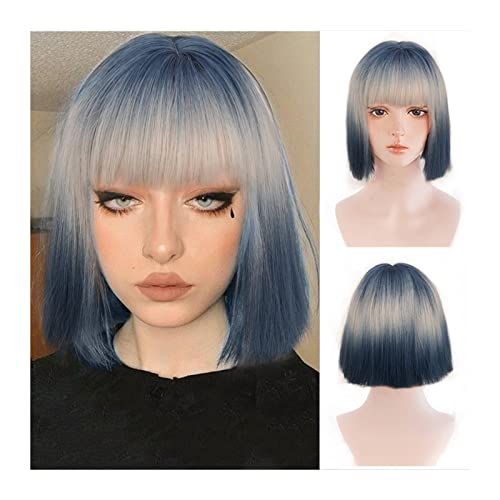 Perücken Kurze Bob-Perücke mit Pony Blonde gemischte blaue Gerade Bob-Perücke mit Pony Hitzebeständige synthetische Perücke Halloween-Party Cospaly Täglicher Gebrauch Haarteile von GRFIT