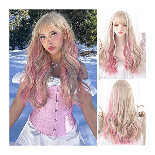 Perücken Lange gewellte lockige Perücke mit Pony, blonde Strähnchen rosa lockige Perücke for Frauen Mädchen Lolita Cosplay Perücke natürliche hitzebeständige Partyperücke Spitzeperücke von GRFIT