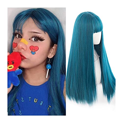 Perücken Long Blue Wig with Bangs, Synthetic Light Blue Wig for Women, Natural Looking Cosplay Straight Blue Wig with Bangs for Girl Daily Party Costume Use Spitzeperücke von GRFIT