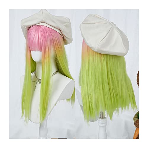 Perücken Synthetic Hair Long Straight Lolita Wig with Bangs Pink Gradient Green Cosplay Wig for Women Girl Natural Soft Heat Resistant Costume Halloween Wig Spitzeperücke von GRFIT