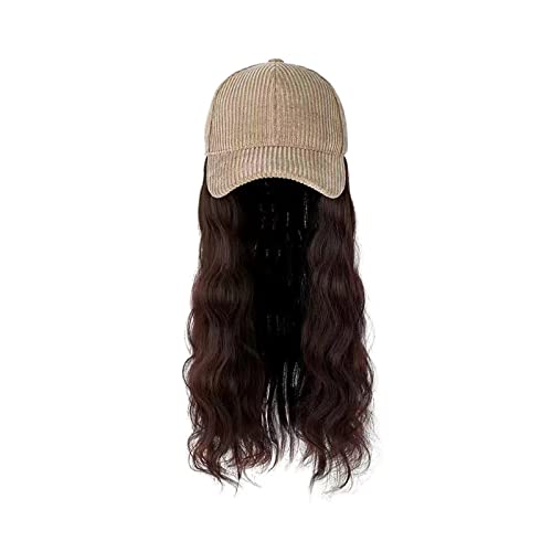 Perückenkappen Damen Mode lange lockige Haare Welle synthetische Perücke Kappe for den Winter abnehmbare einteilige schwarz braun grau Perücke mit Hut (Color : Dark brown P2) von GRFIT