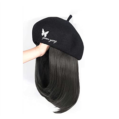 Perückenkappen Hut mit Perücke Haarextension synthetische kurze gerade Haare schwarze Baskenperücken for Frauen Wolle Winterkappe flauschige Perücke (Color : A) von GRFIT