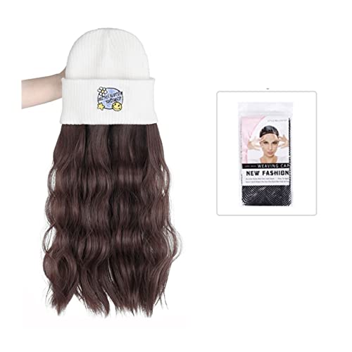 Perückenkappen Weißer gestrickter Hut mit Haar Perücken for Frauen synthetische lange lockige Haarkappe natürliche schwarze braune Haare Erweiterung falsches Haar (Color : B) von GRFIT