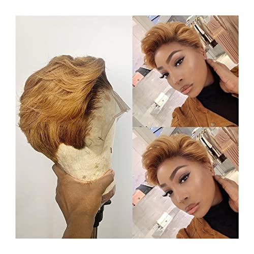 Synthetische Perücke Ombre Gold Blonde Lace Frontal Echthaar Perücken Pixie Cut Kurzes Brasilianisches Remy Haar Weich und Atmungsaktiv 4X4 Lace Closure Wig for schwarze Frauen Cosplay Perücke (Color von GRFIT